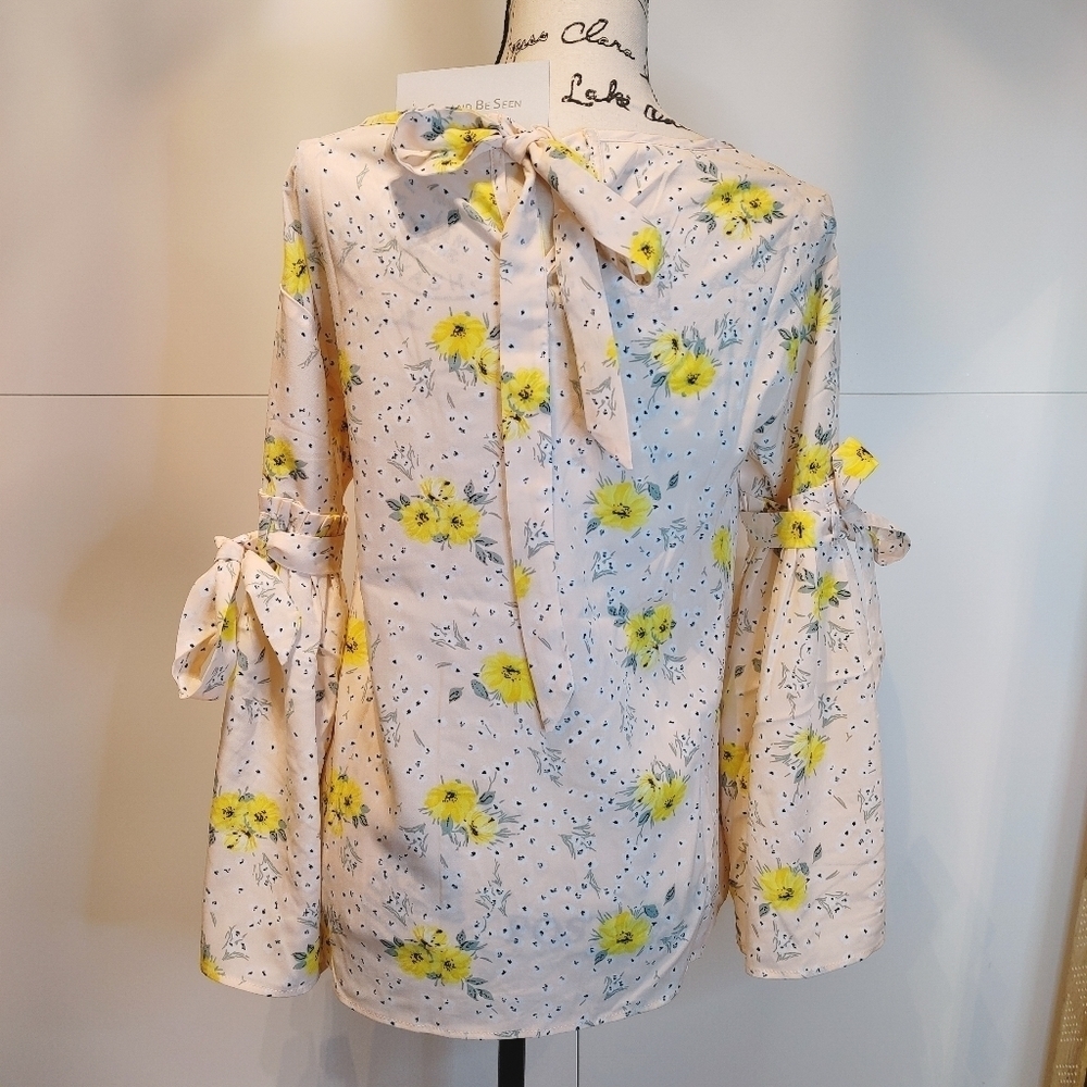 Floral Bell Sleeve Blouse S M L Yellow Boho Top Tie Sleeve Ruffle - Picture 5 of 12
